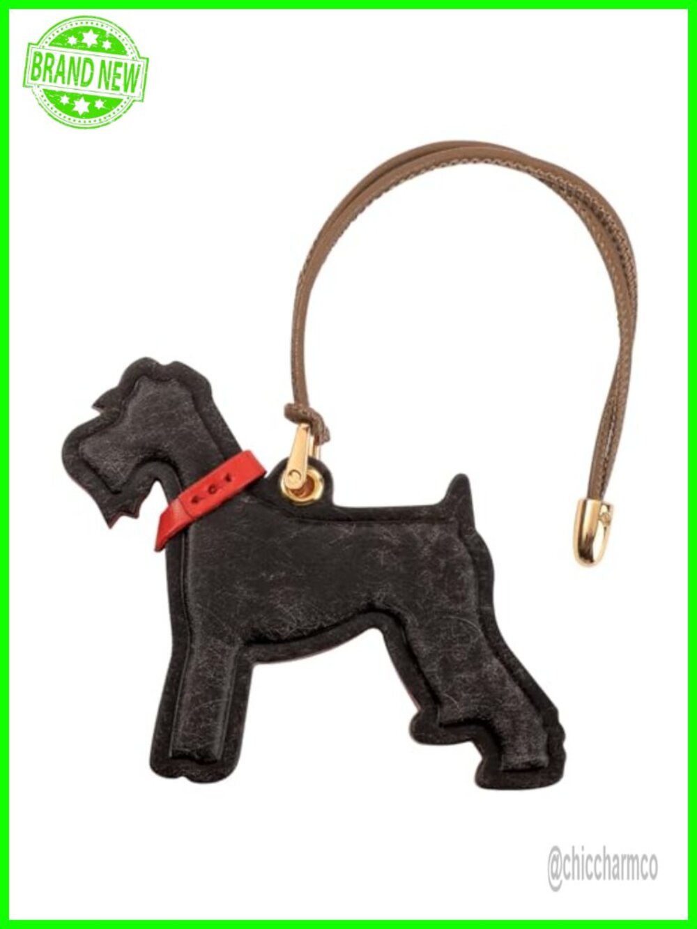 Schnauzer Dog Keychain Italian Full-Grain Leather Bag Pendant 24K Gold Plated